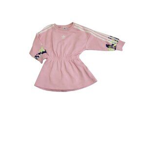 Adidas Kids Pink Floral Long Sleeve Dress With Elastic Waist & Striped Sleeves